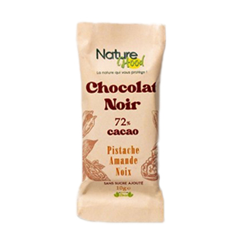 Chocolat Noir 72% Aux Noix (Pistaches, Amandes, Noix) – Sans Sucre Ajouté – Format Pocket - 10 gr